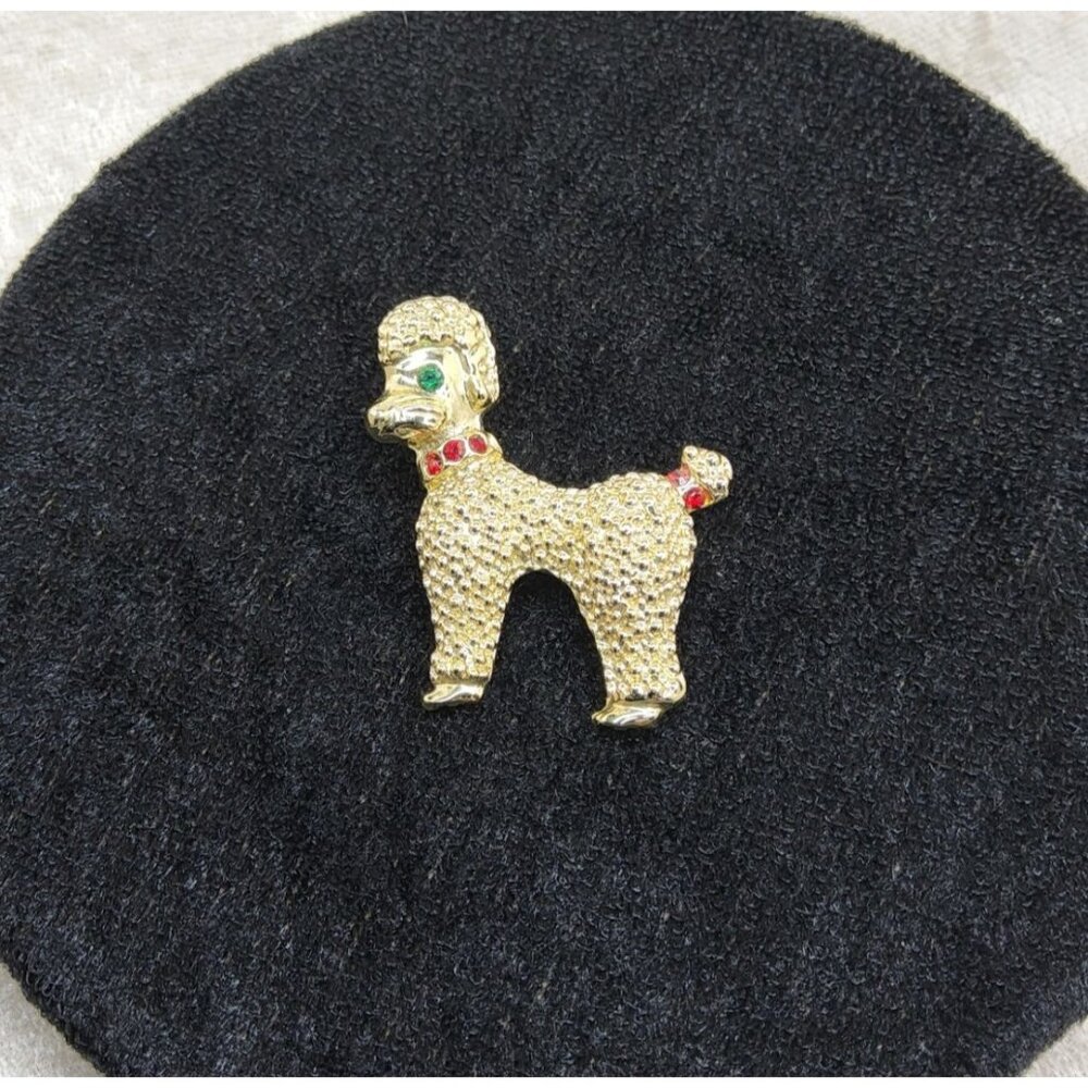 Vintage Womens Gold Tone Green and Red Rhinestones Poodle Brooch